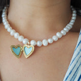 Freshwater Pearl and 14k Gold Filled Heart Starburst Locket Necklace