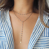 14k Gold Filled Sapphire Beaded Chain Double Lariat Necklace