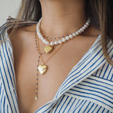 Freshwater Pearl and 14k Gold Filled Heart Starburst Locket Necklace