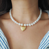 Freshwater Pearl and 14k Gold Filled Heart Starburst Locket Necklace