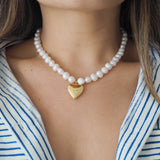 Freshwater Pearl and 14k Gold Filled Heart Starburst Locket Necklace