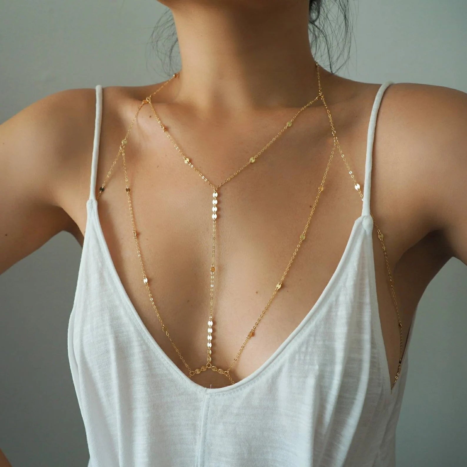 14k Gold Filled Tiny Coins T-Row Dainty Chain Bralette Halter Top Body Chain