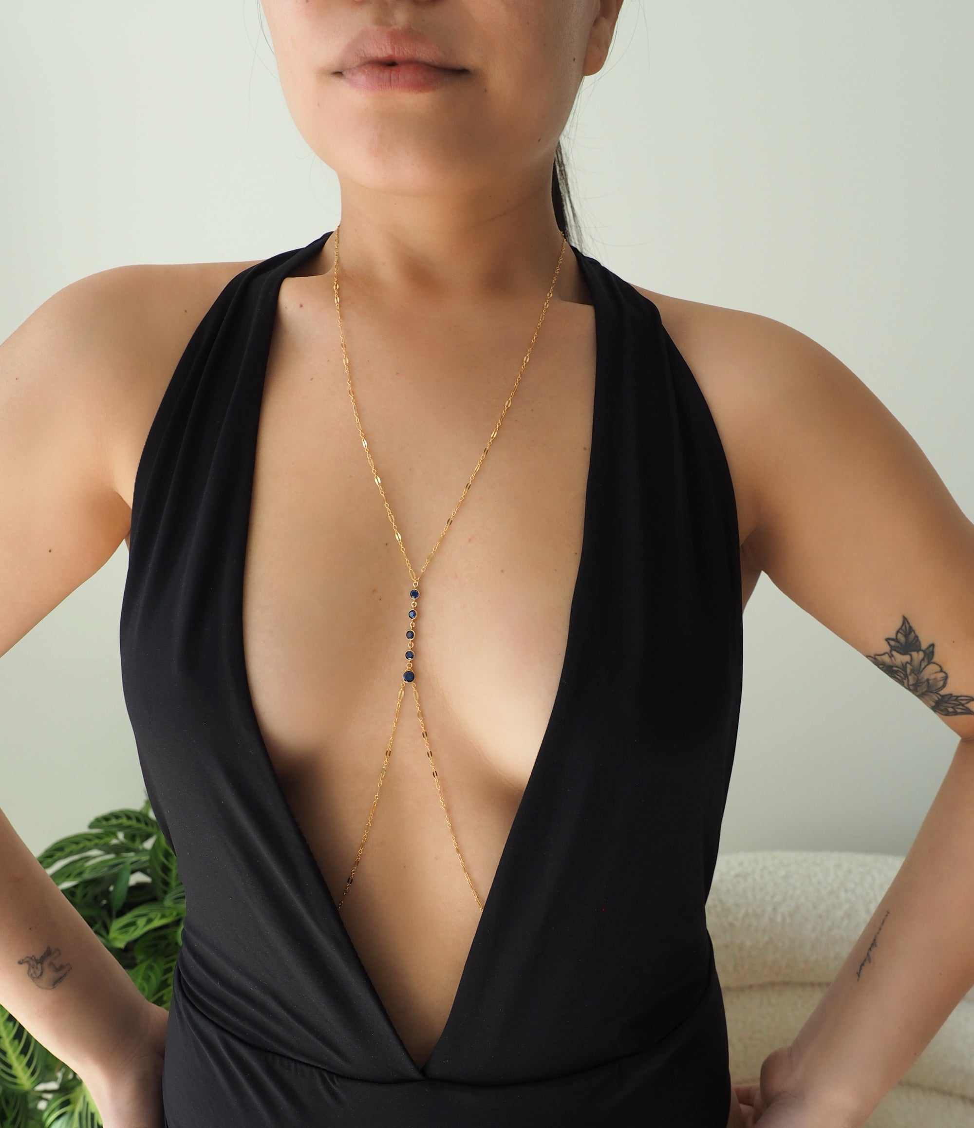 14k Gold Filled Dangling SAPPHIRE CZ Sparkle Bar Body Chain