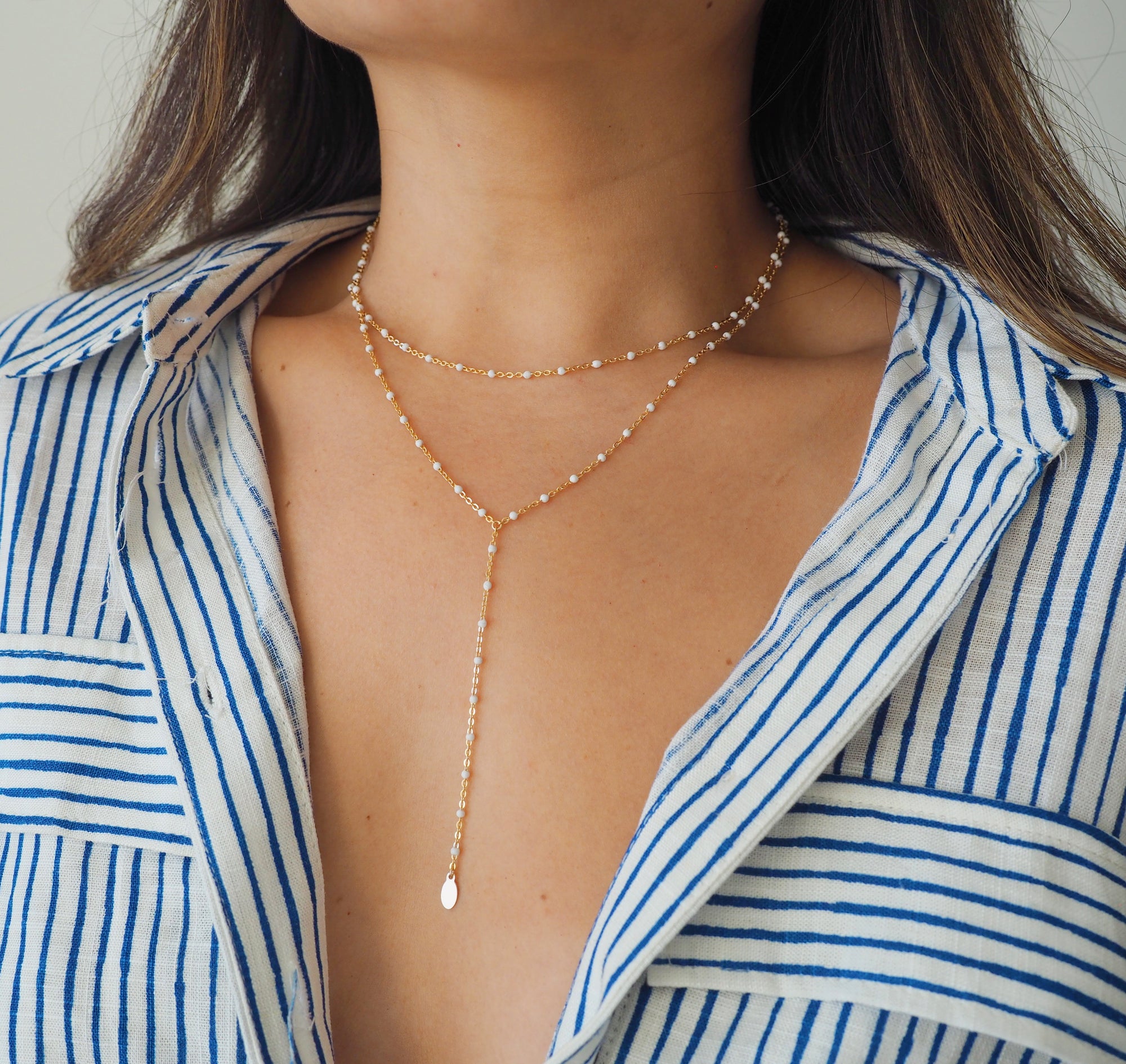 14k Gold Filled White Beaded Chain Double Lariat Necklace