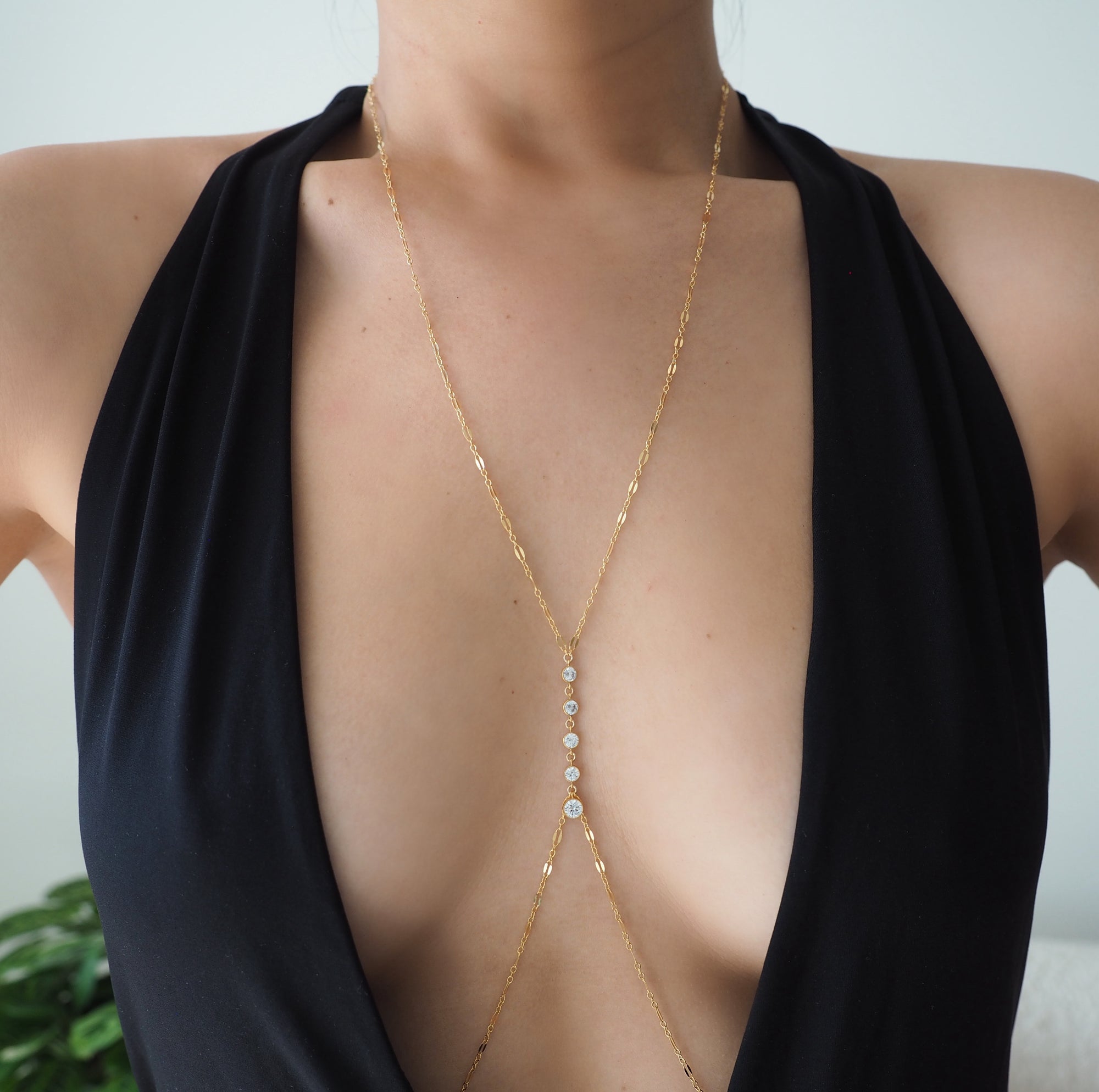 14k Gold Filled Dangling Diamond CZ Sparkle Bar Body Chain