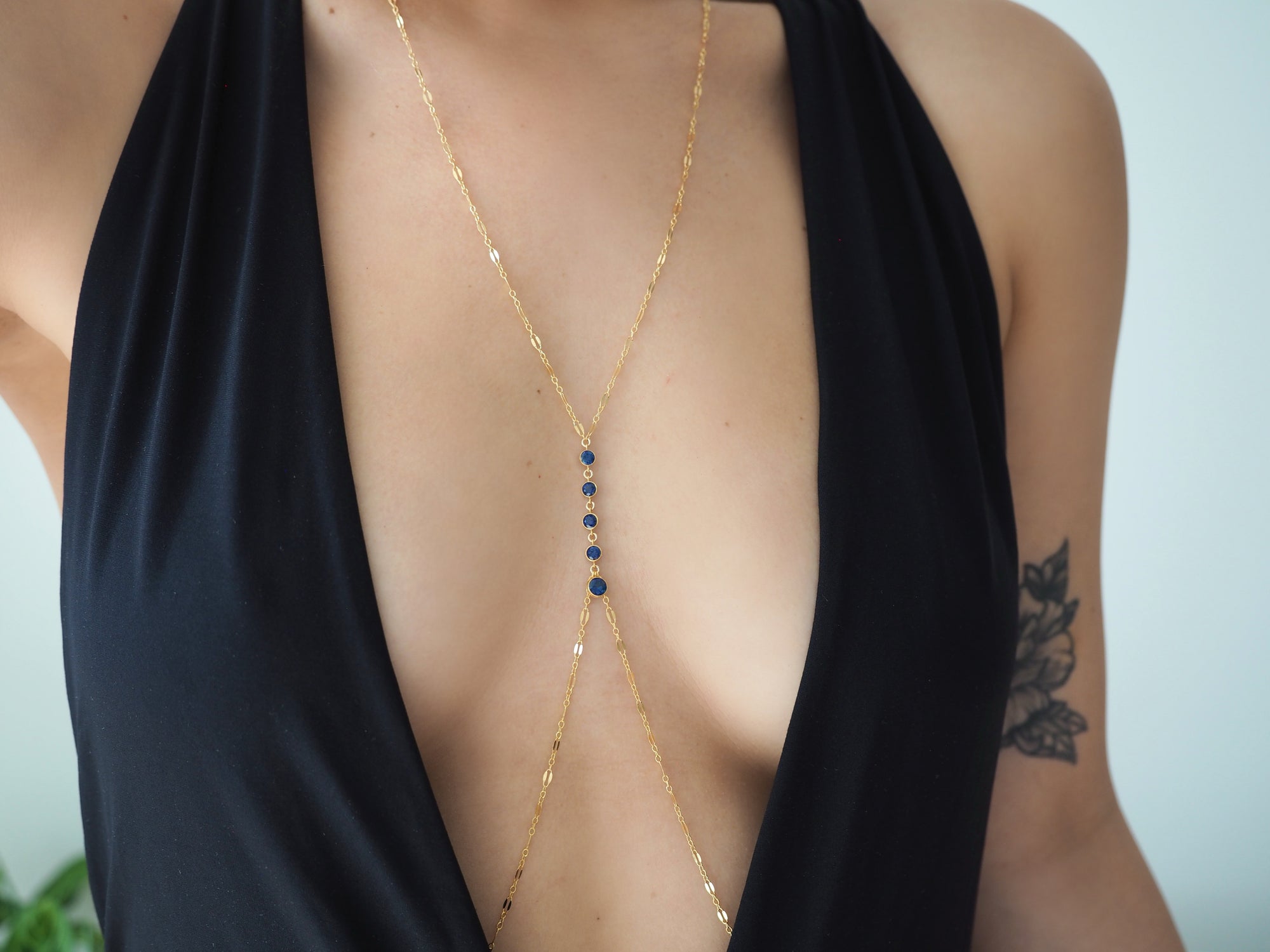 14k Gold Filled Dangling SAPPHIRE CZ Sparkle Bar Body Chain