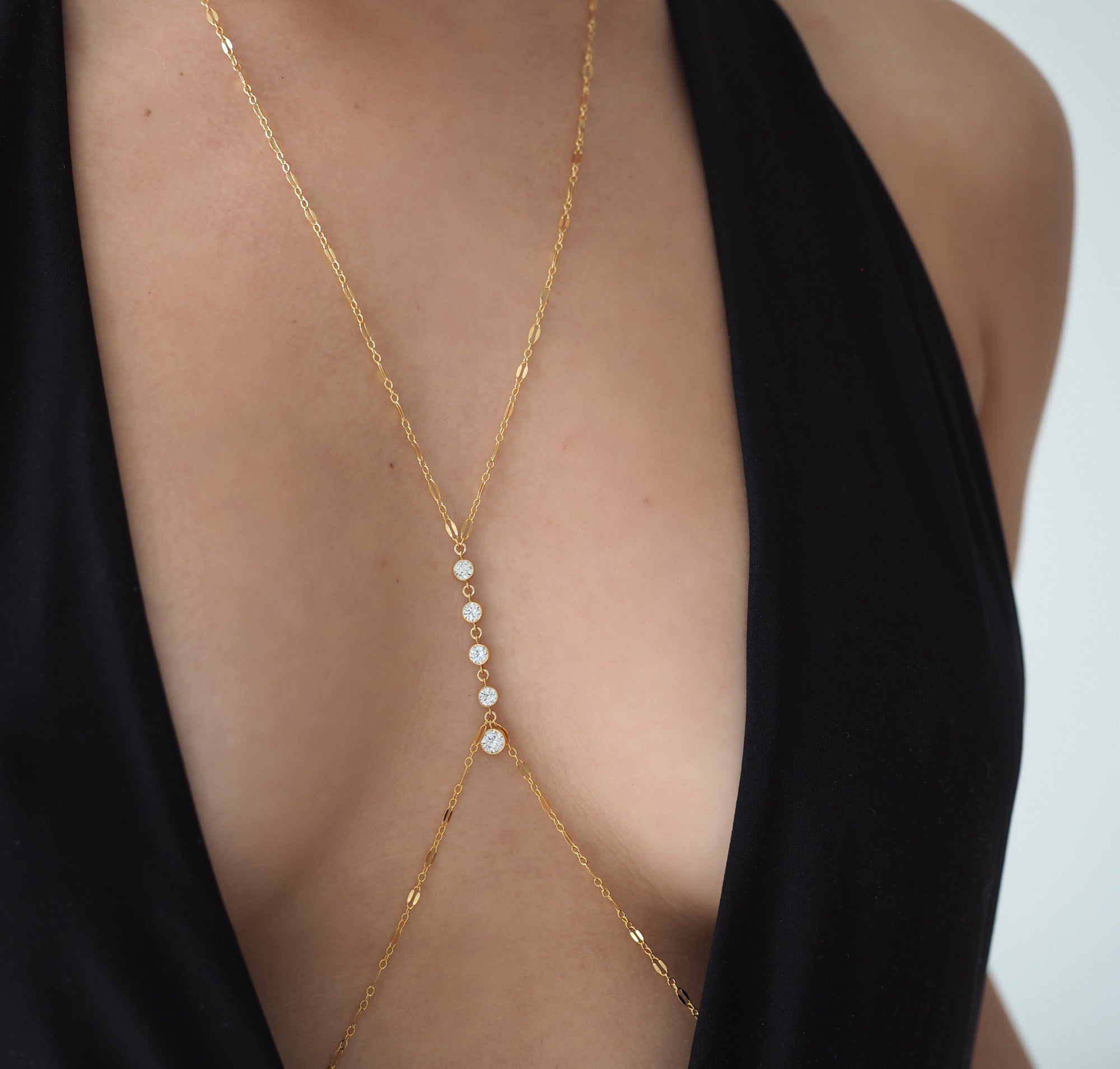 14k Gold Filled Dangling Diamond CZ Sparkle Bar Body Chain