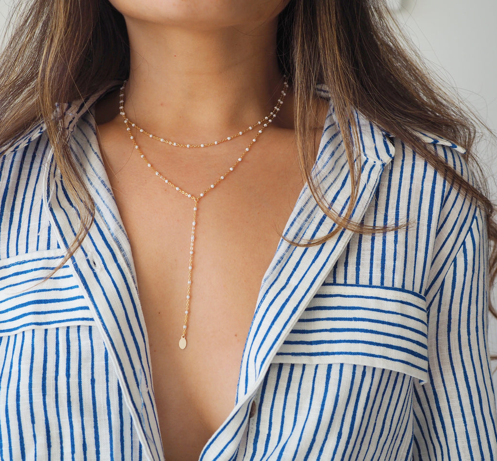 14k Gold Filled White Beaded Chain Double Lariat Necklace