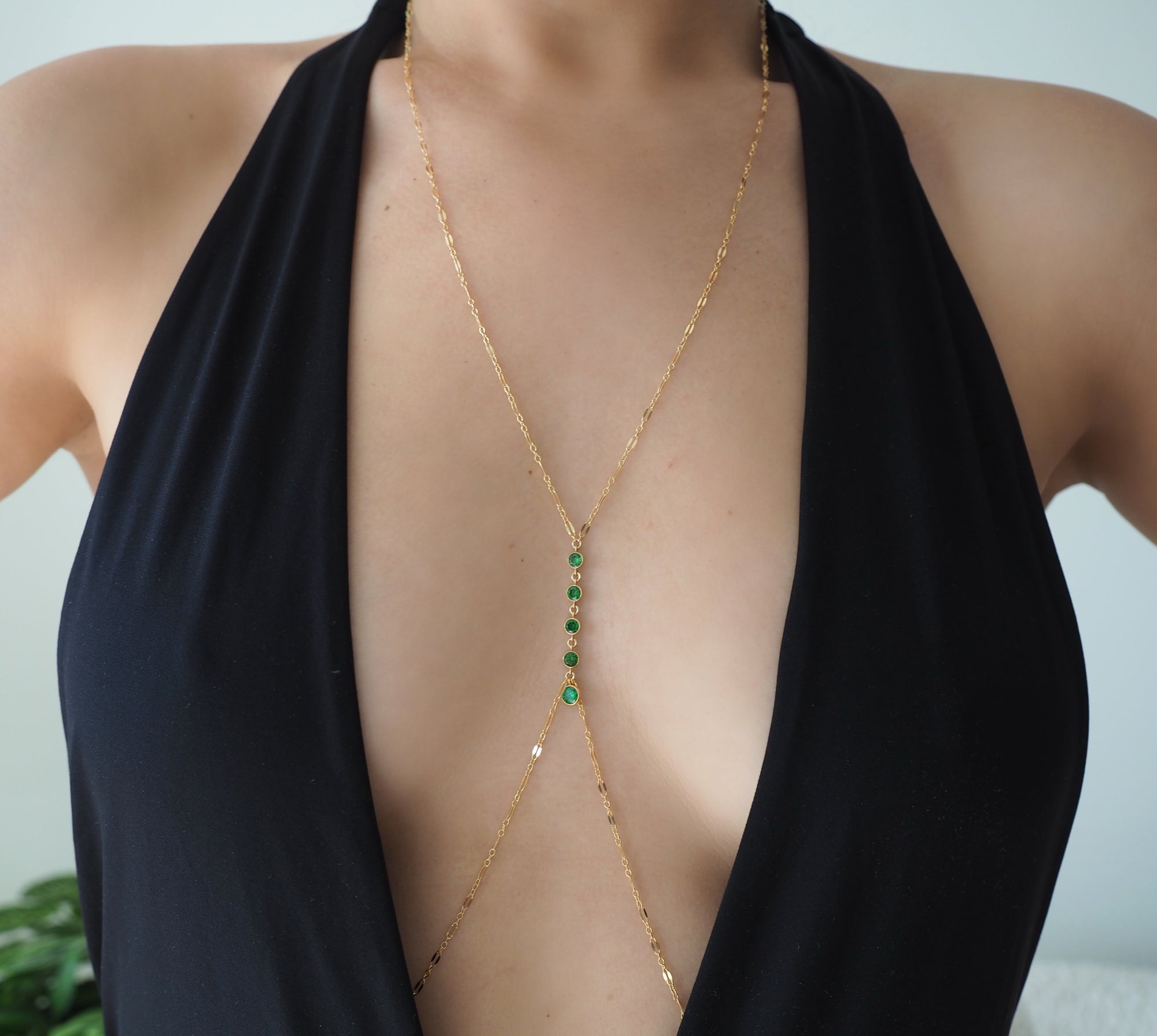 14k Gold Filled Dangling EMERALD CZ Sparkle Bar Body Chain