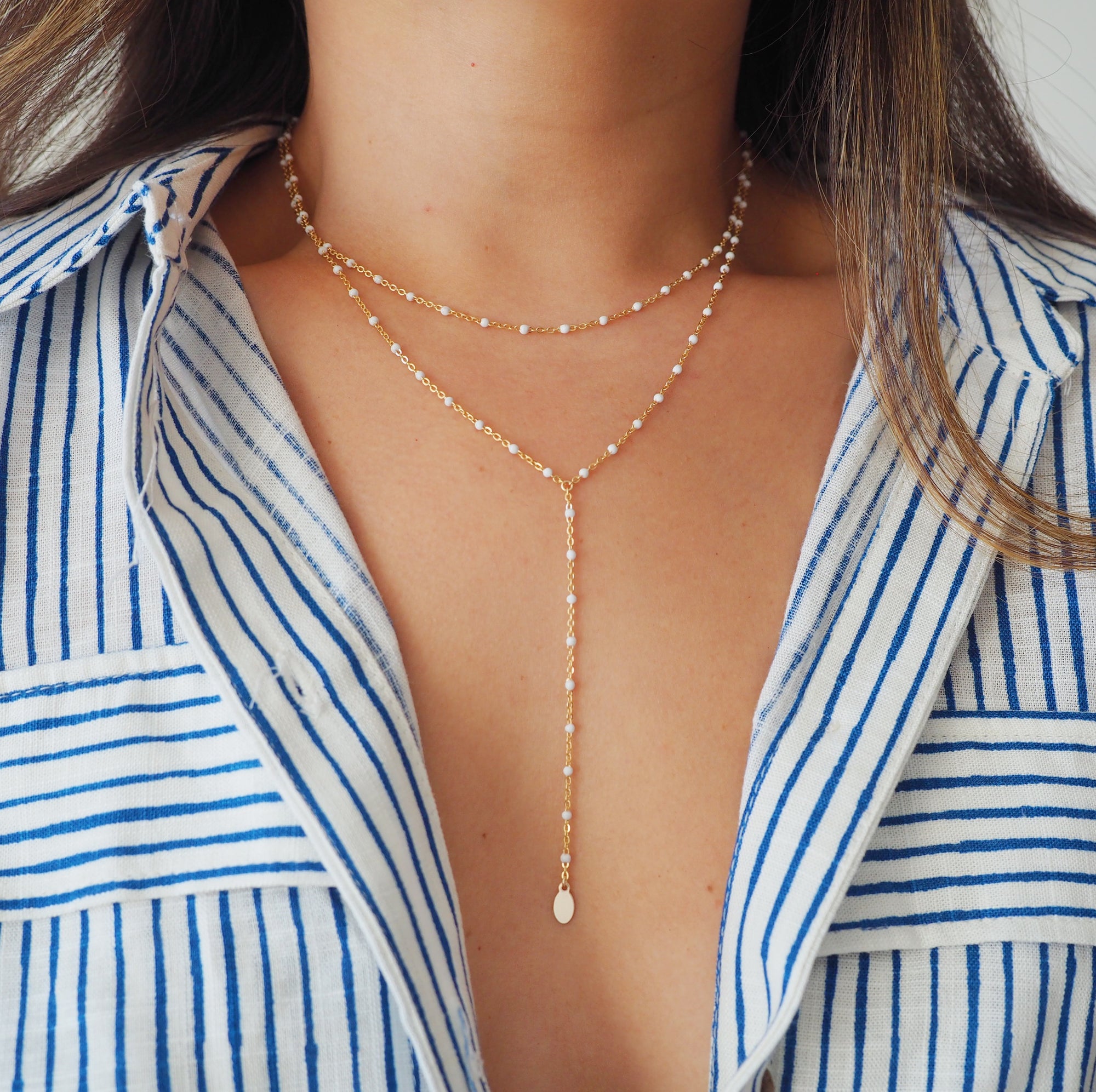 14k Gold Filled White Beaded Chain Double Lariat Necklace