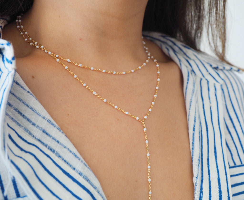 14k Gold Filled White Beaded Chain Double Lariat Necklace