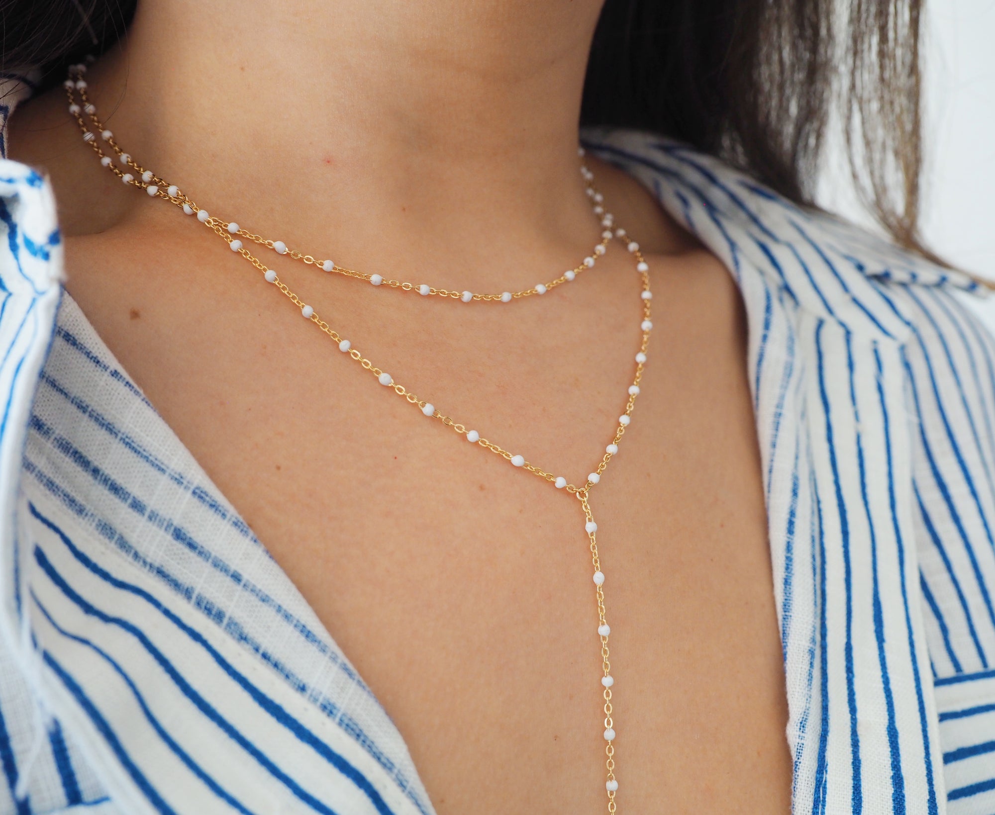 14k Gold Filled White Beaded Chain Double Lariat Necklace
