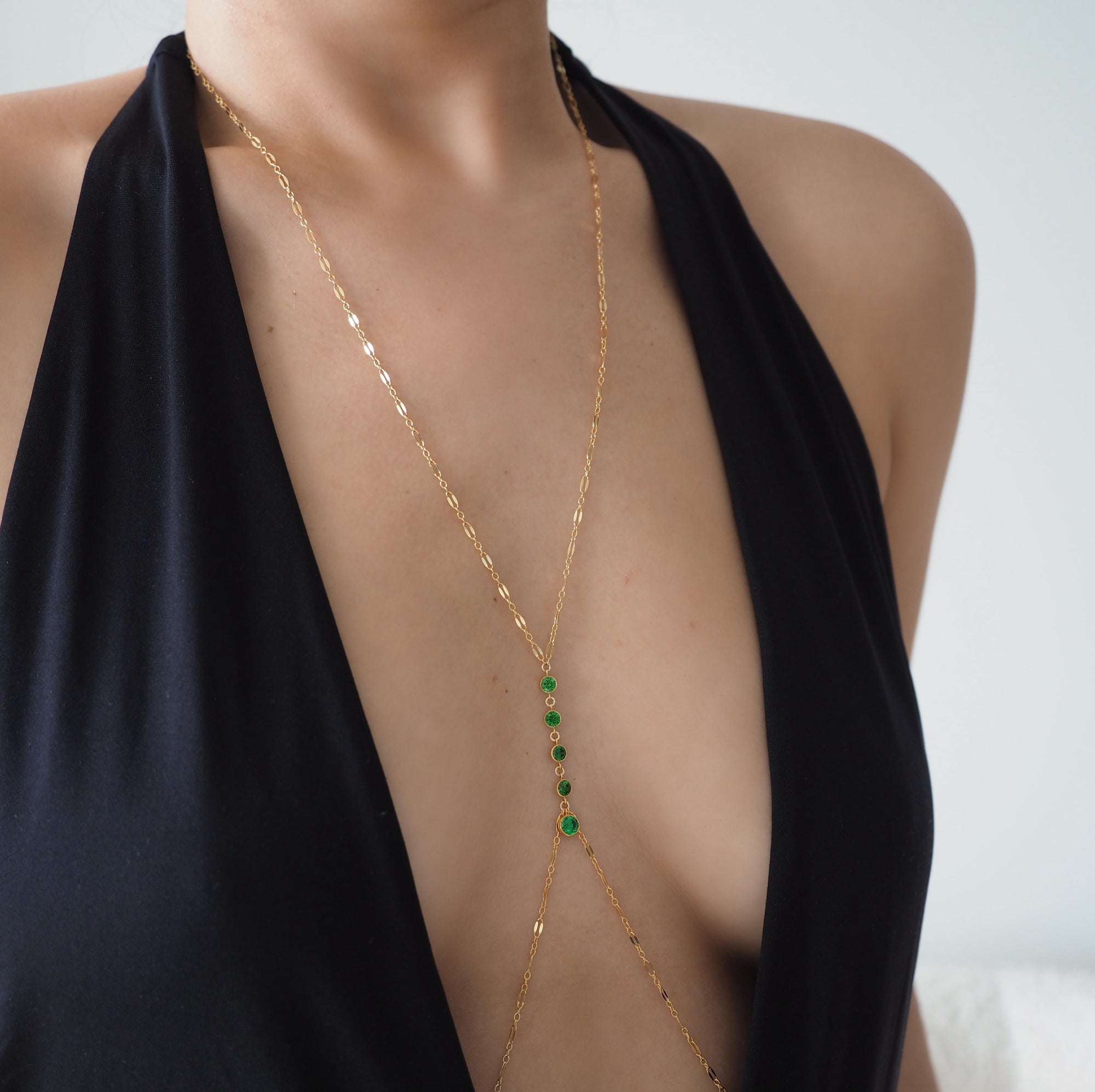 14k Gold Filled Dangling EMERALD CZ Sparkle Bar Body Chain