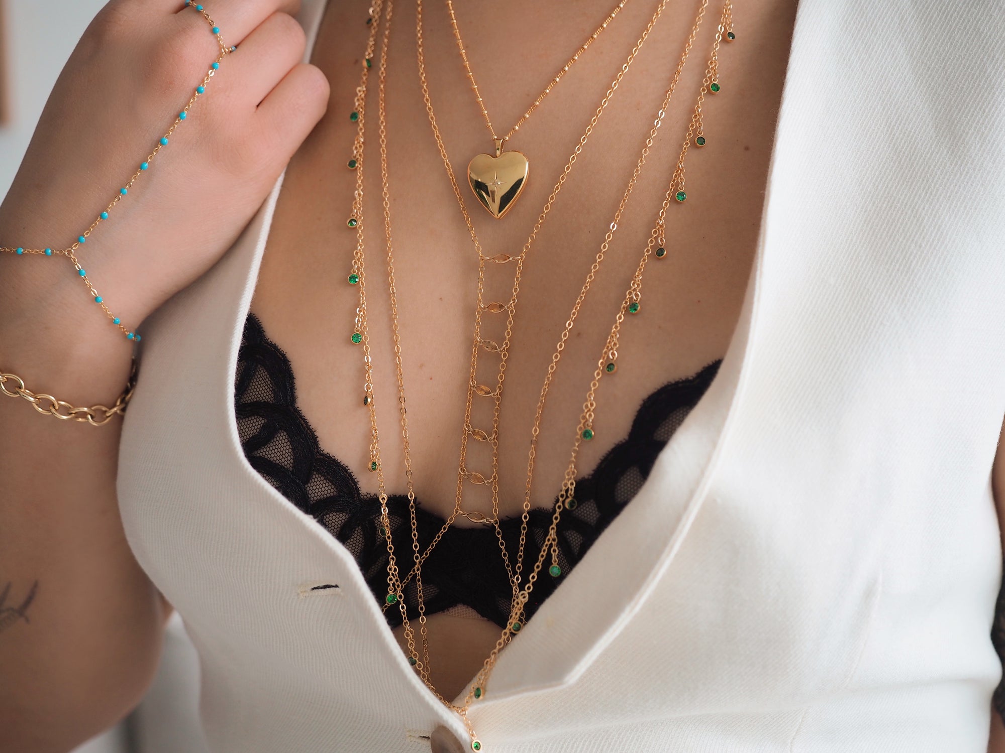 14k Gold Filled Dripping EMERALD CZ Shaker Multiway Necklace, Belly Chain, Bracelet | VERSION 2.0