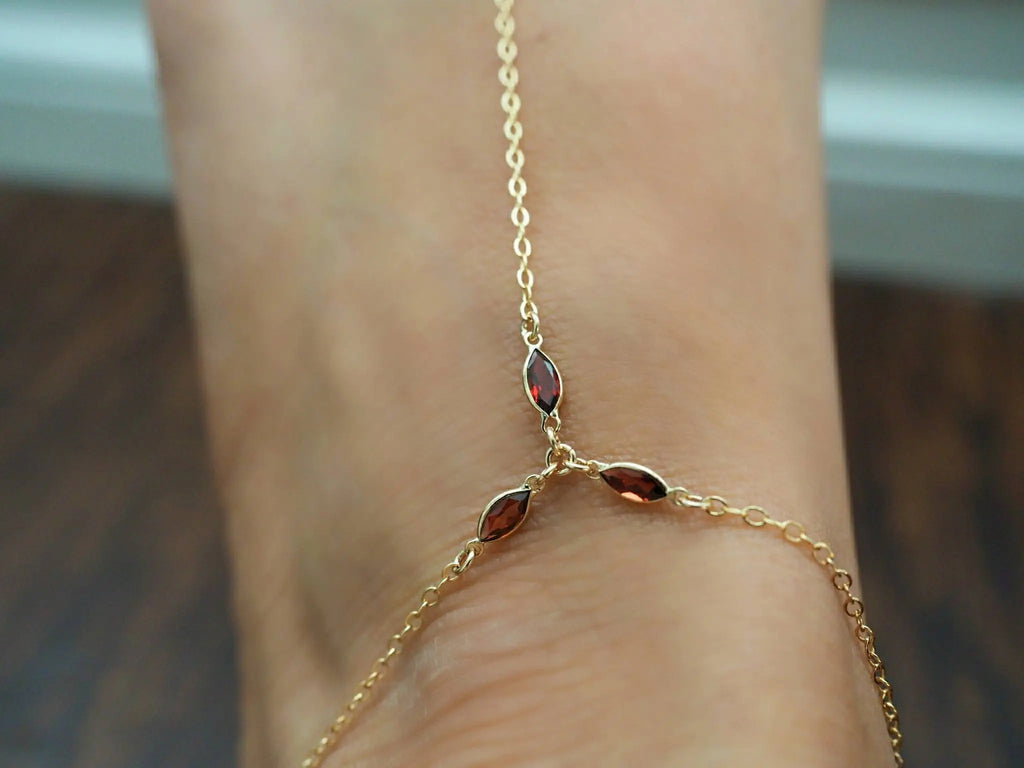 14k Gold Filled with 14k Solid Gold Garnet Triple Marquise Foot Piece Anklet
