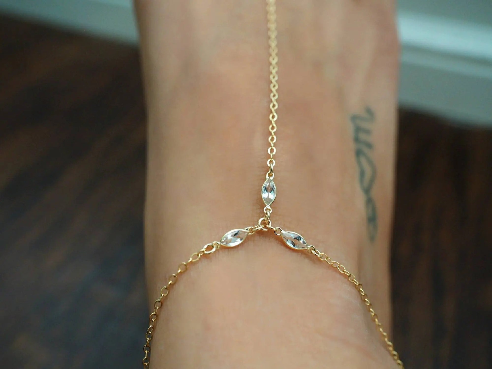 14k Gold Filled with 14k Solid Gold White Topaz Triple Marquise Foot Piece Anklet