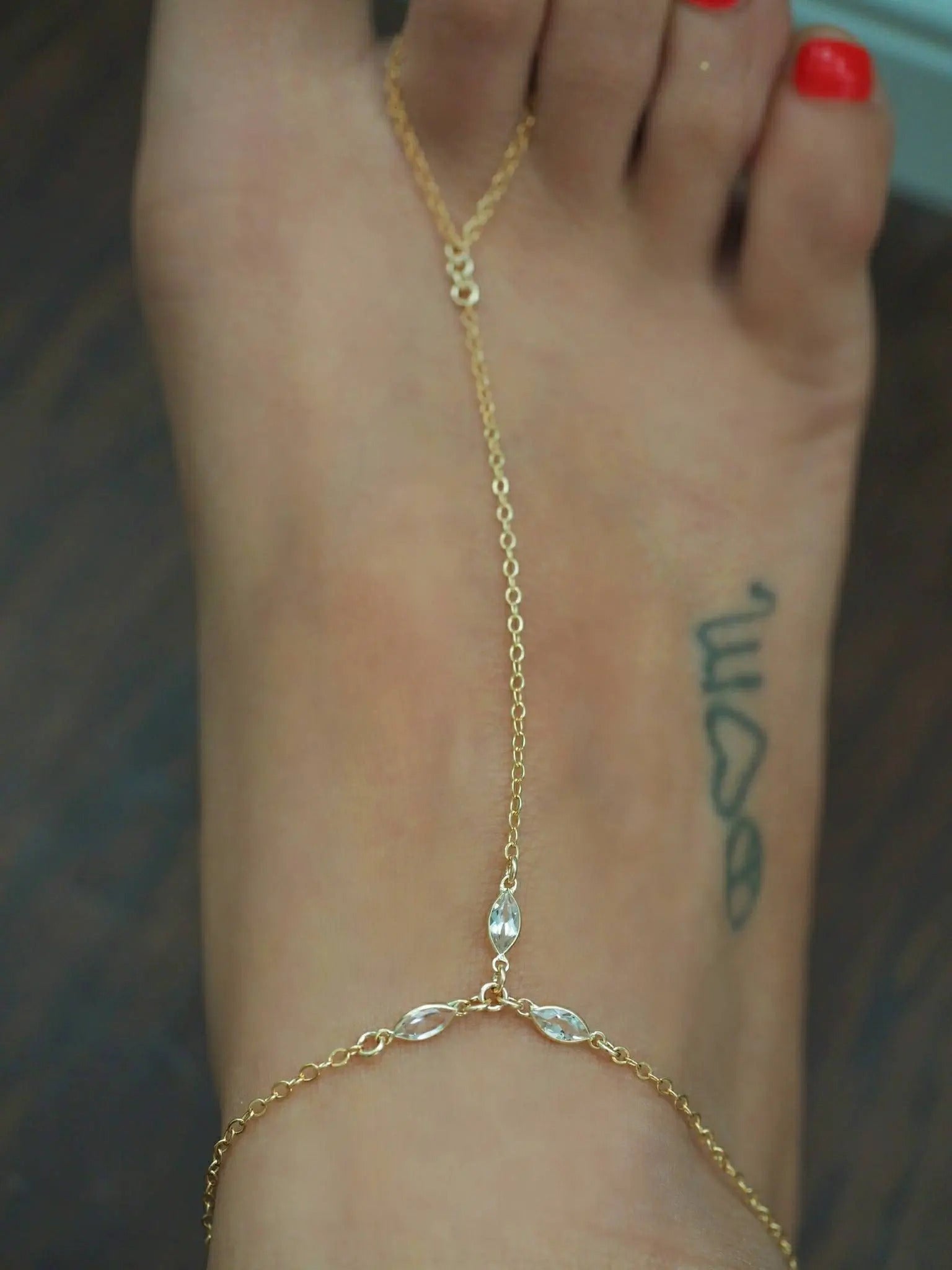 14k Gold Filled with 14k Solid Gold White Topaz Triple Marquise Foot Piece Anklet