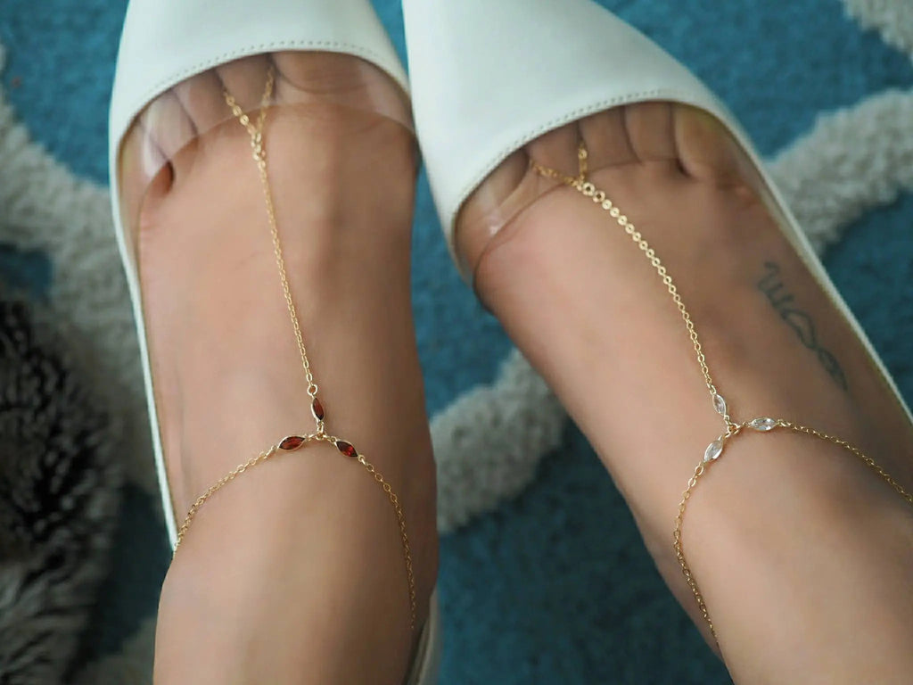 14k Gold Filled with 14k Solid Gold White Topaz Triple Marquise Foot Piece Anklet