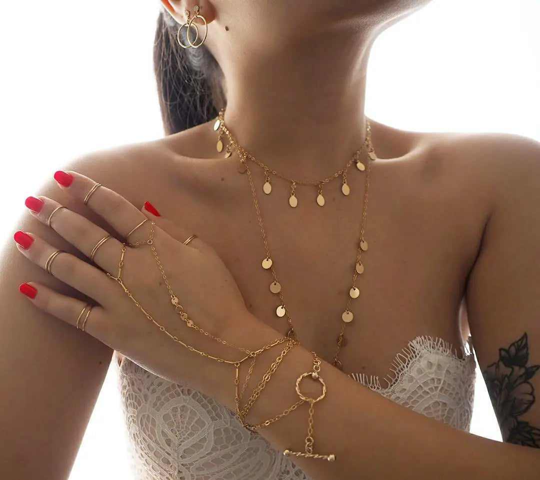 Dainty 14k Gold Filled Hand Piece with Tiny Coins