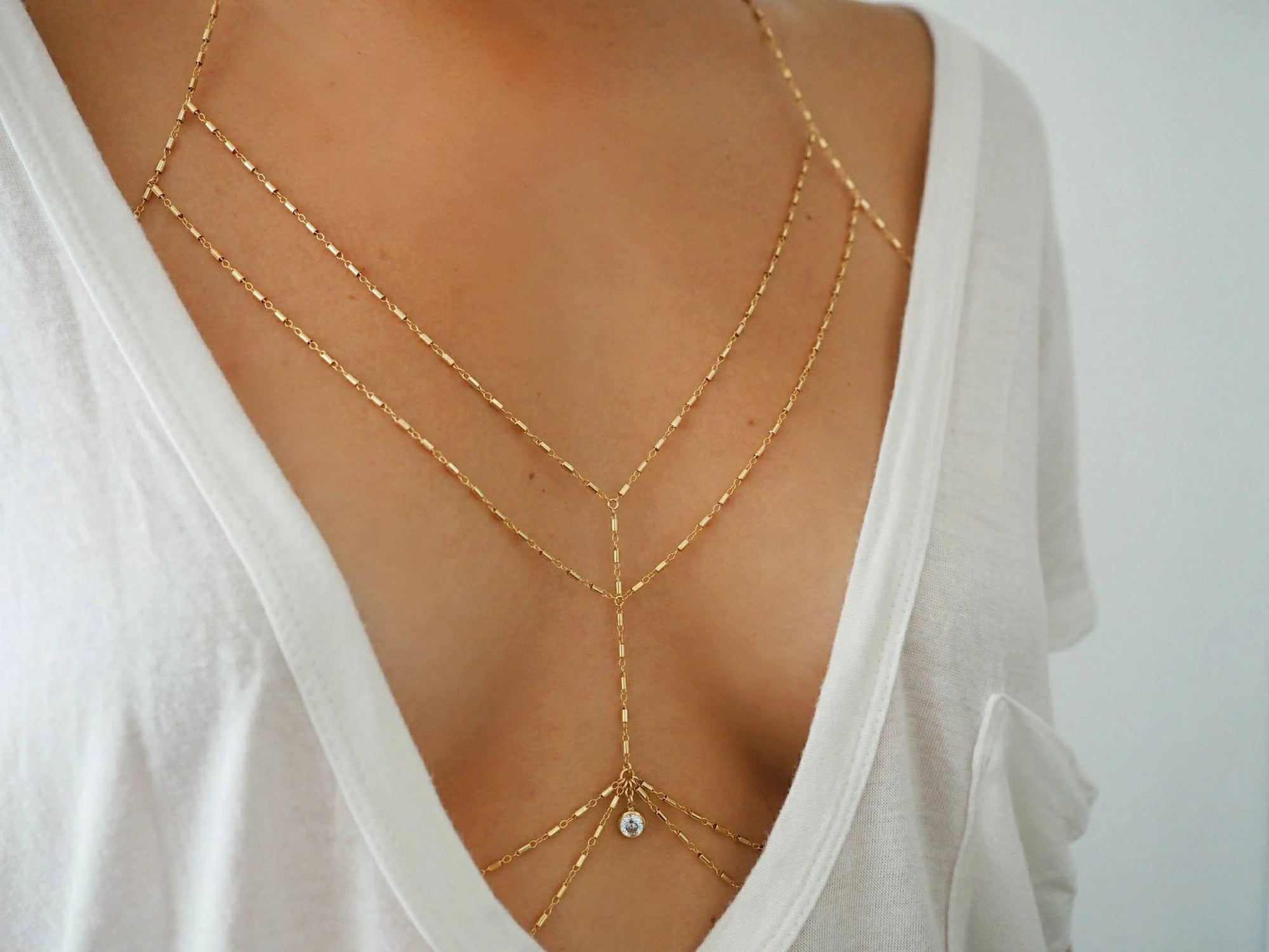 14k Gold Filled Bohemian Double Layer Dainty Chain Bralette Halter Top Body Chain