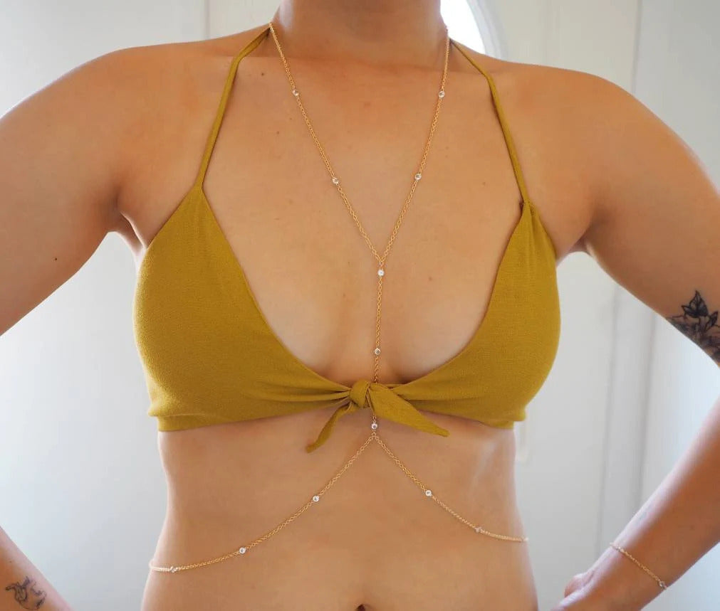 14k Gold Filled & 14k SOLID GOLD White Topaz Dainty Line Body Chain | VERSION 2.0