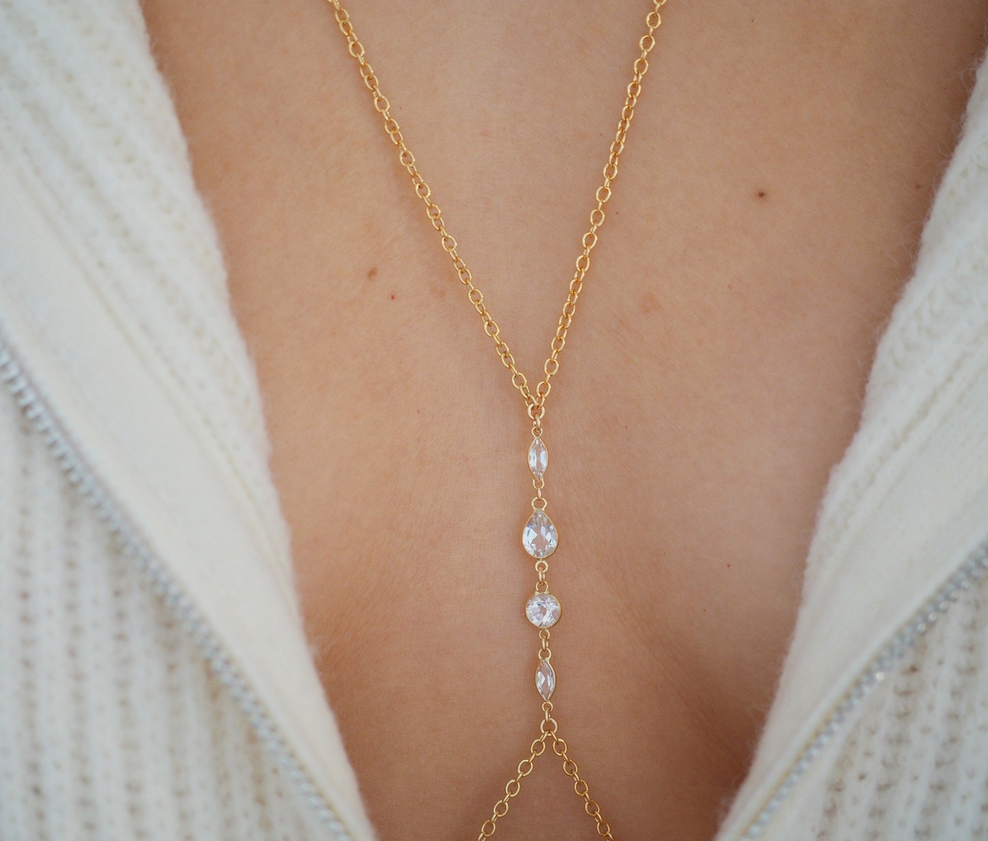 14k Gold Filled & 14k SOLID GOLD White Topaz Shapes Dainty Body Chain | VERSION 2.0