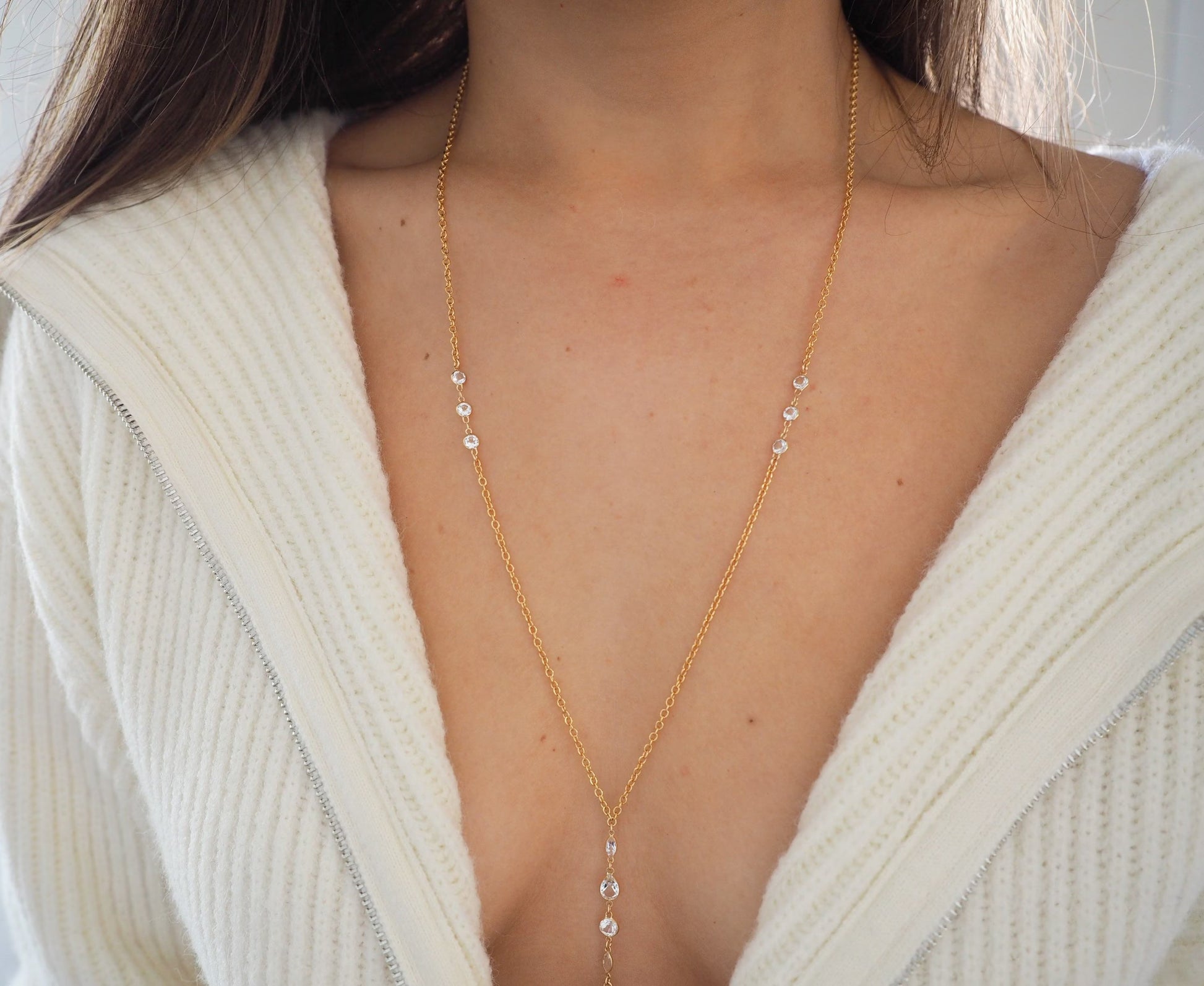 14k Gold Filled & 14k SOLID GOLD White Topaz Shapes Dainty Body Chain | VERSION 2.0