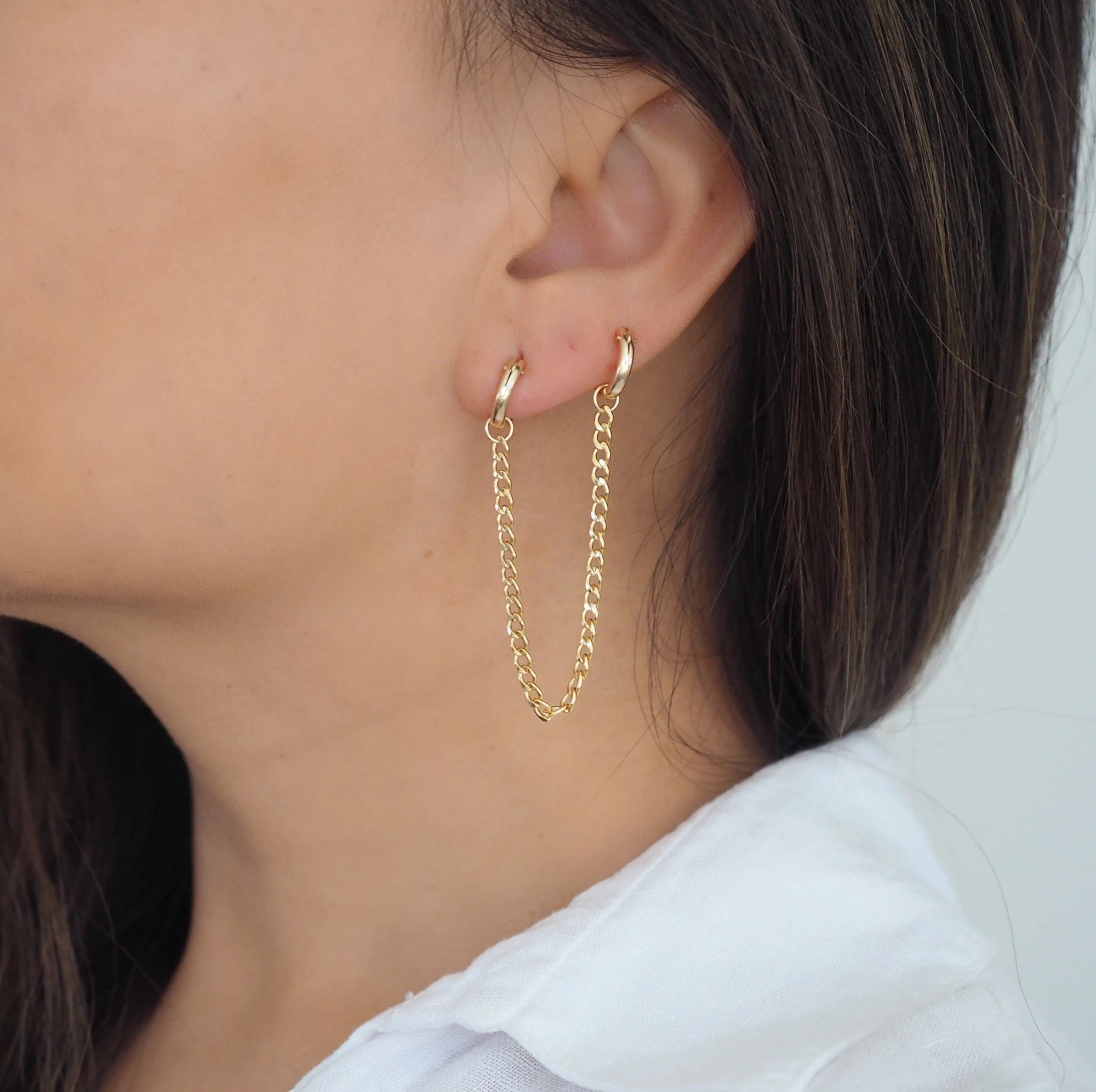 14k Gold Filled Slick Curb Double Chain Mini Hoops