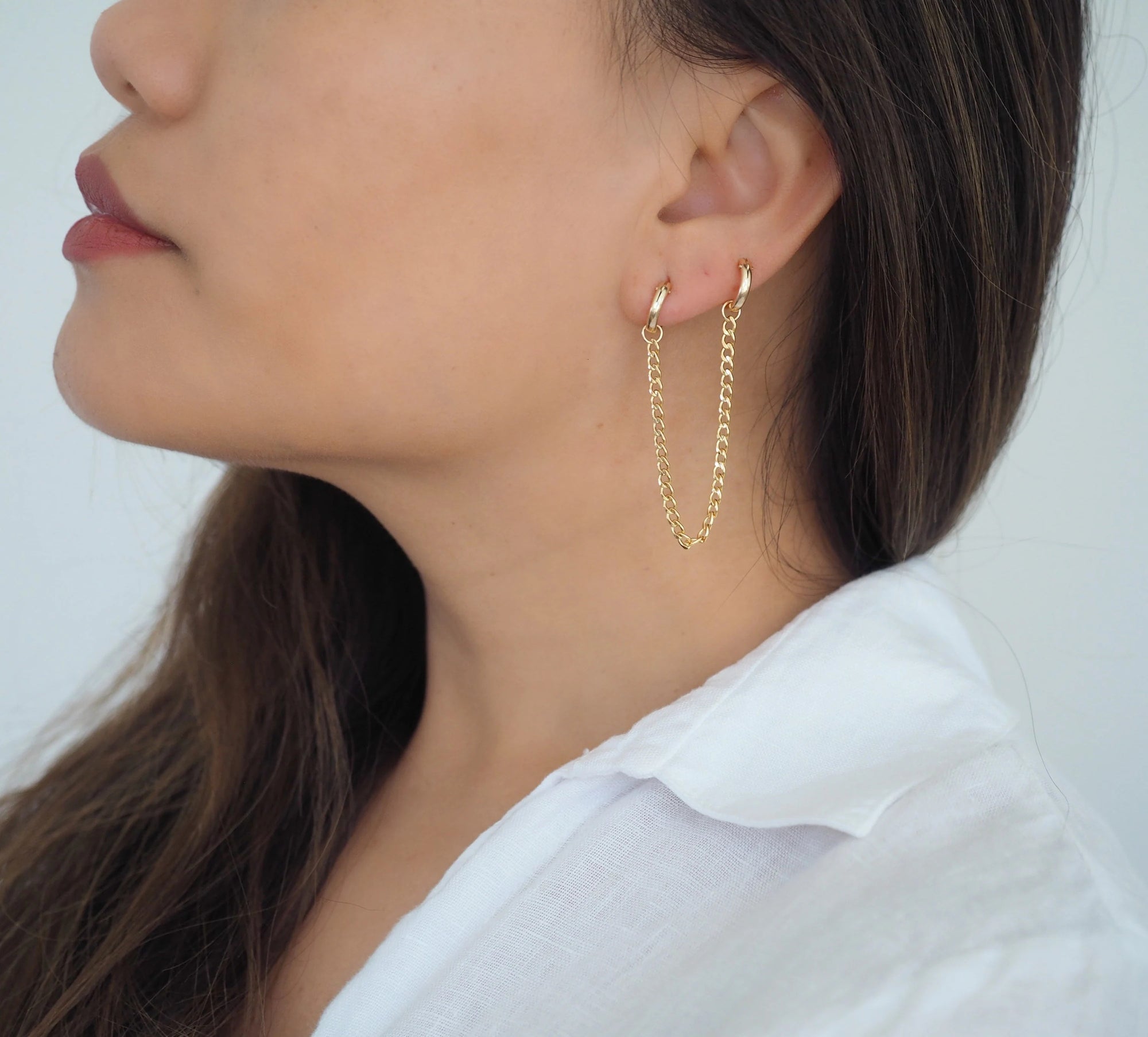 14k Gold Filled Slick Curb Double Chain Mini Hoops