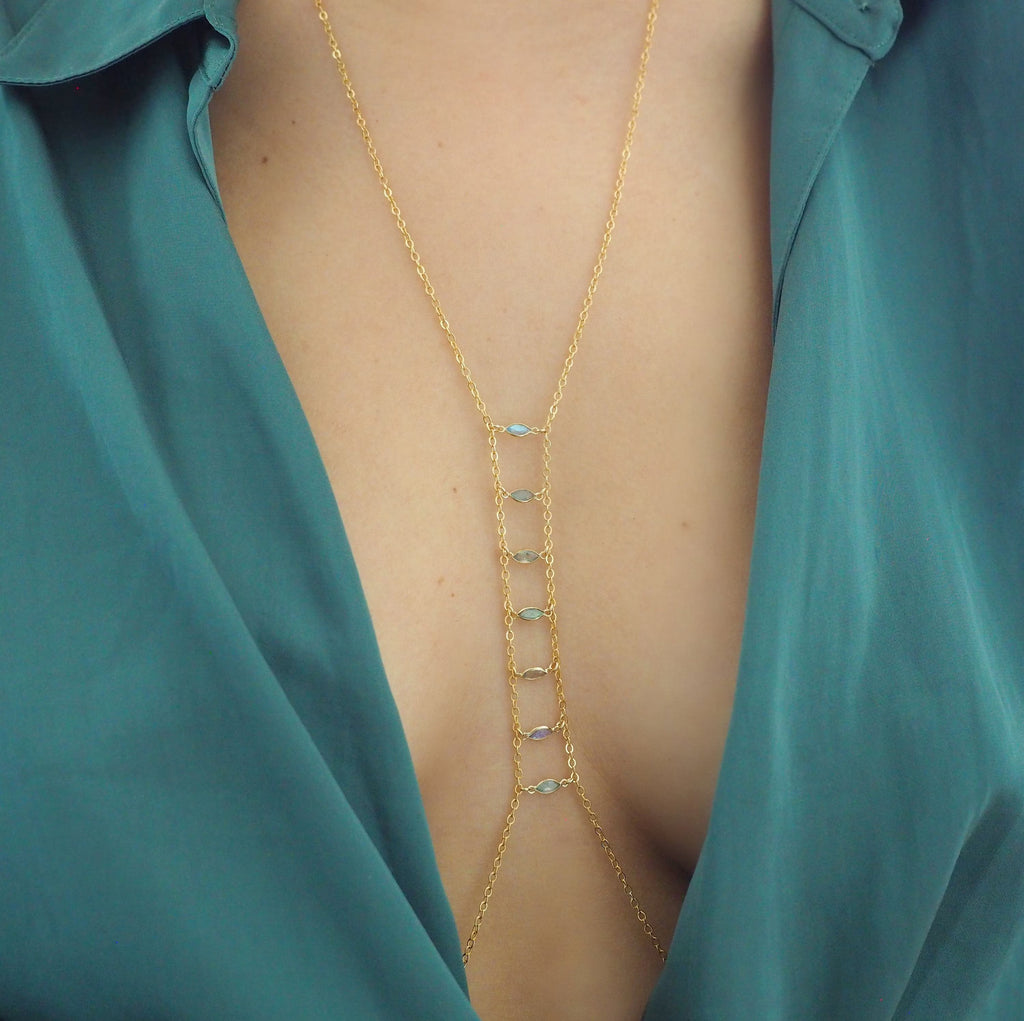 14k Gold Filled with 14k Solid Gold Labradorite Marquise Ladder Body Chain | VERSION 2.0