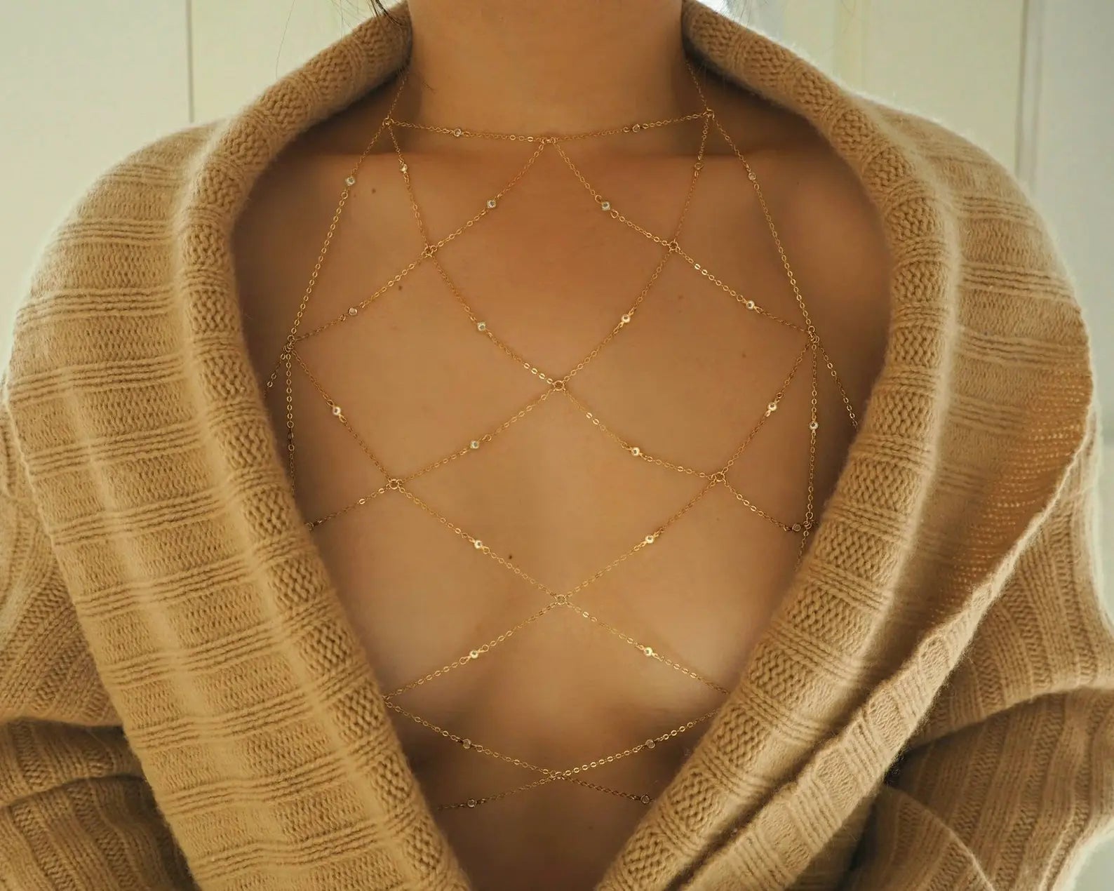14k Gold Filled & Tiny CZ Diamonds Mesh Bralette Halter Top Body Chain