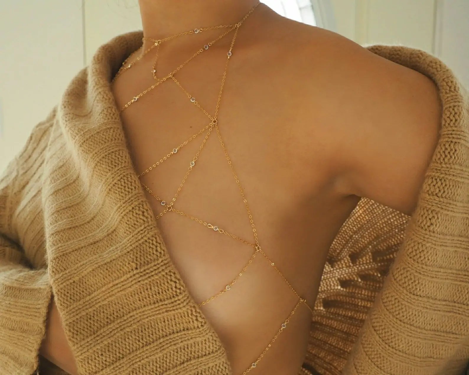 14k Gold Filled & Tiny CZ Diamonds Mesh Bralette Halter Top Body Chain