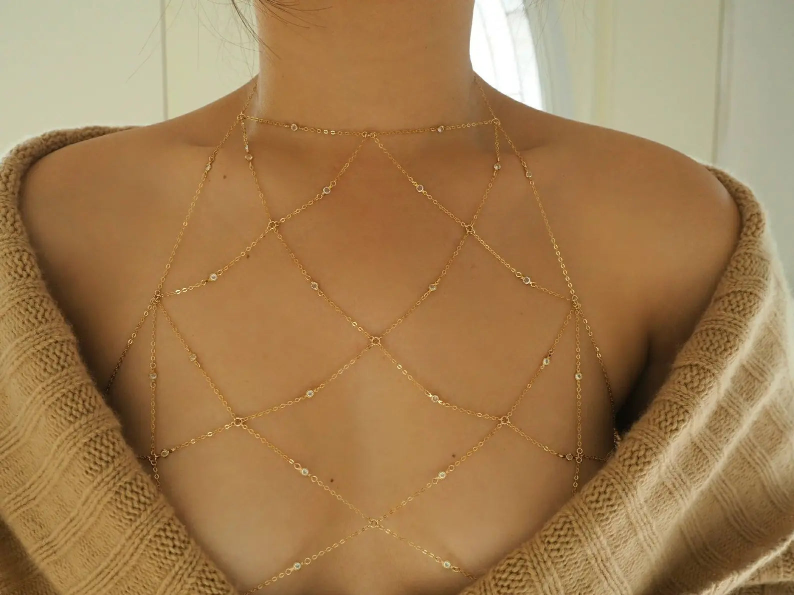 14k Gold Filled & Tiny CZ Diamonds Mesh Bralette Halter Top Body Chain