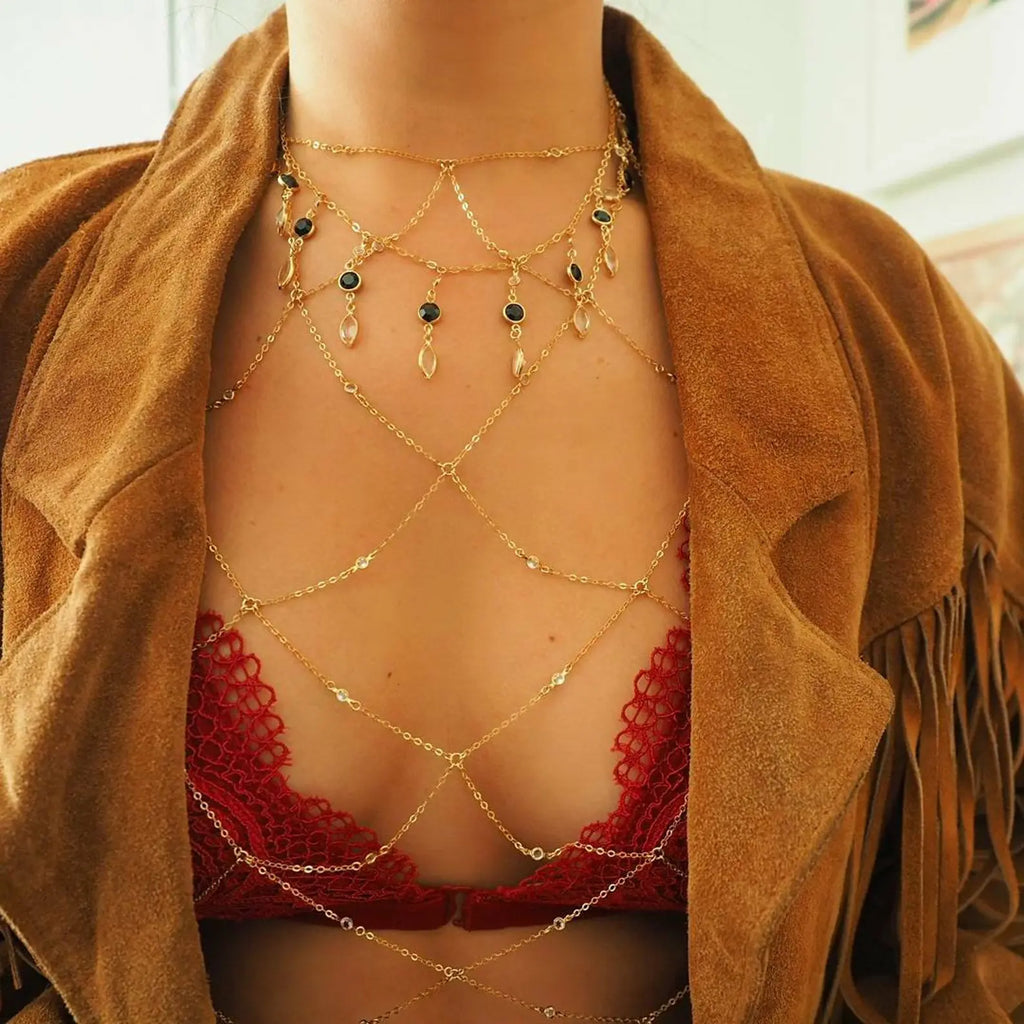 14k Gold Filled & Tiny CZ Diamonds Mesh Bralette Halter Top Body Chain