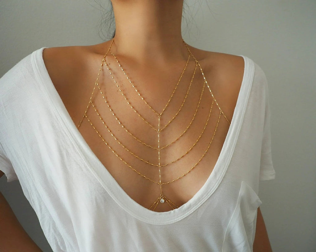 14k Gold Filled Bohemian Tribe Multiple V Dainty Chain Bralette Halter Top Body Chain