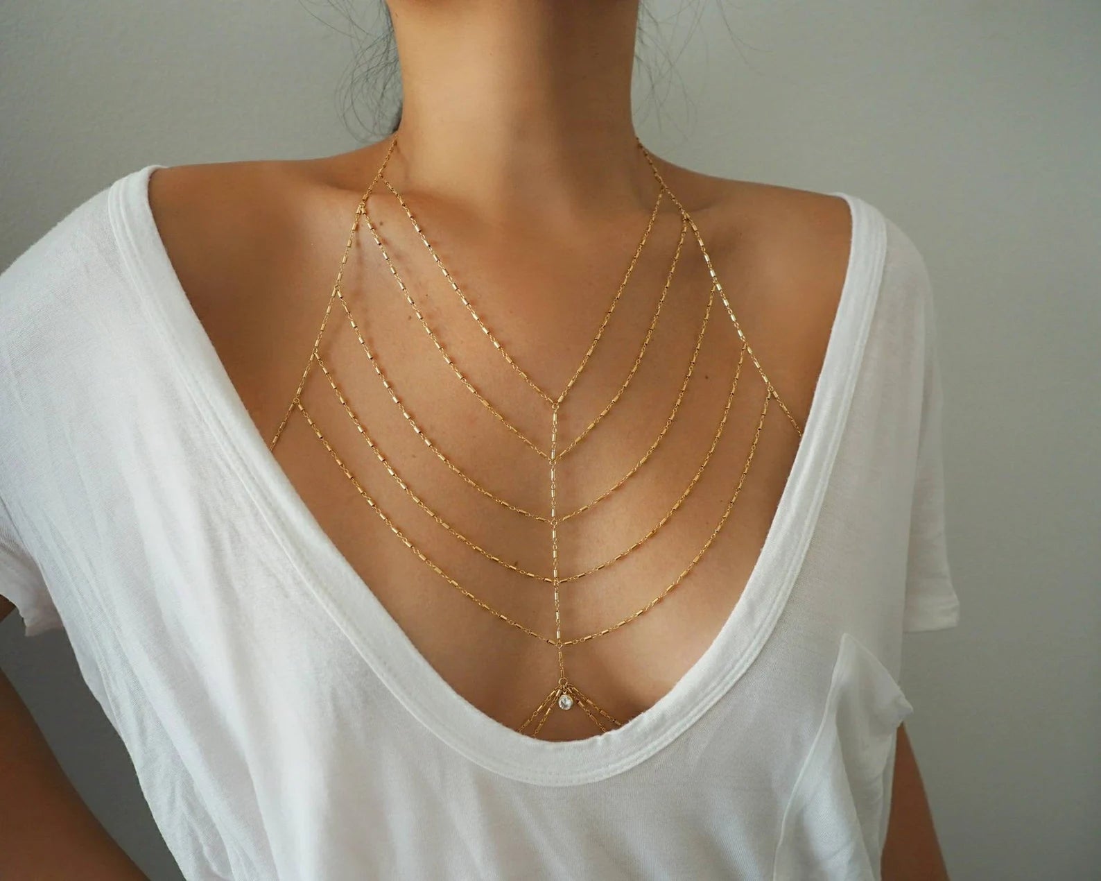 14k Gold Filled Bohemian Tribe Multiple V Dainty Chain Bralette Halter Top Body Chain