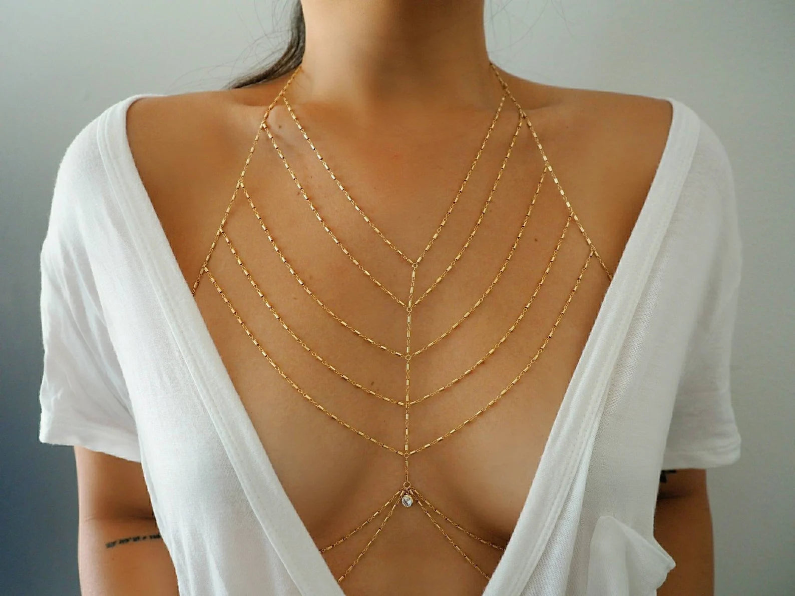 14k Gold Filled Bohemian Tribe Multiple V Dainty Chain Bralette Halter Top Body Chain