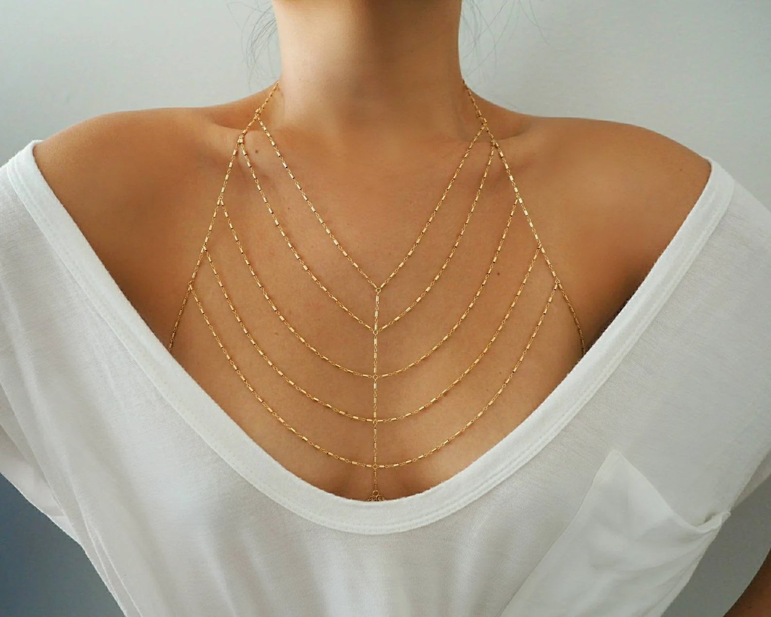 14k Gold Filled Bohemian Tribe Multiple V Dainty Chain Bralette Halter Top Body Chain