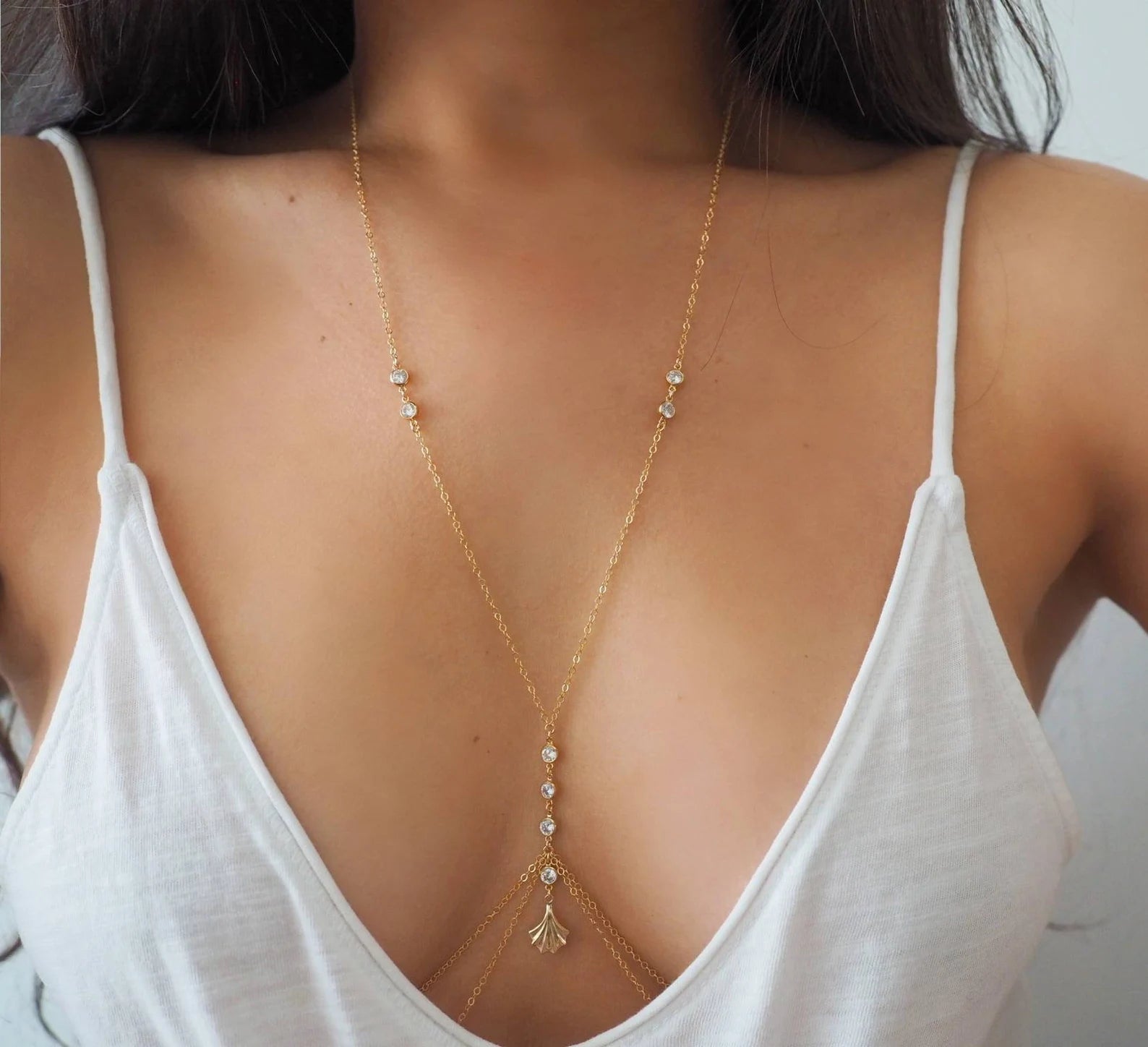 14k Gold Filled CZ Diamonds & Fan Double Layer Dainty Body Chain