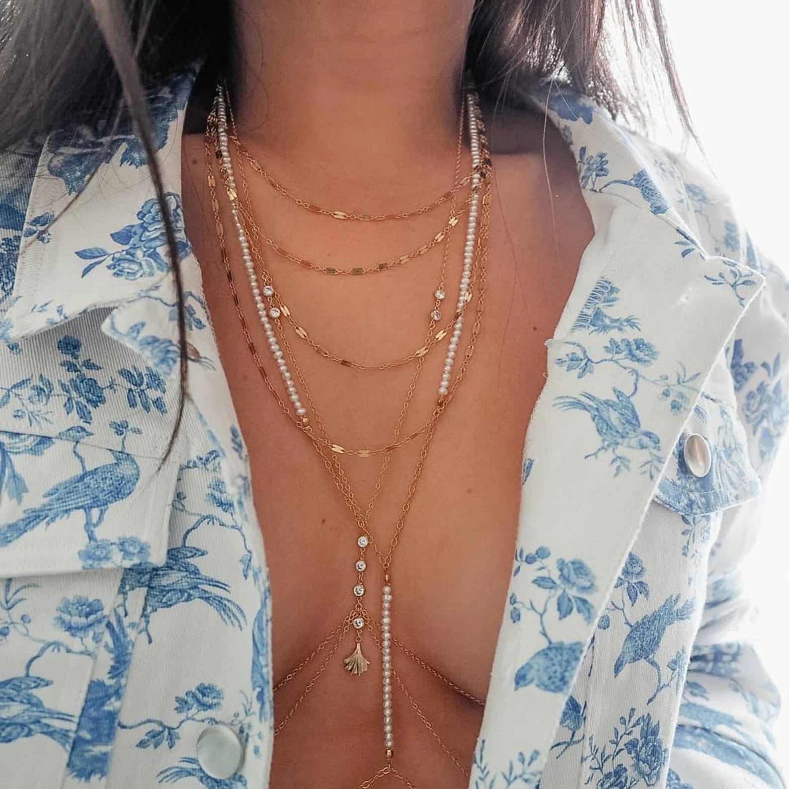 14k Gold Filled CZ Diamonds & Fan Double Layer Dainty Body Chain