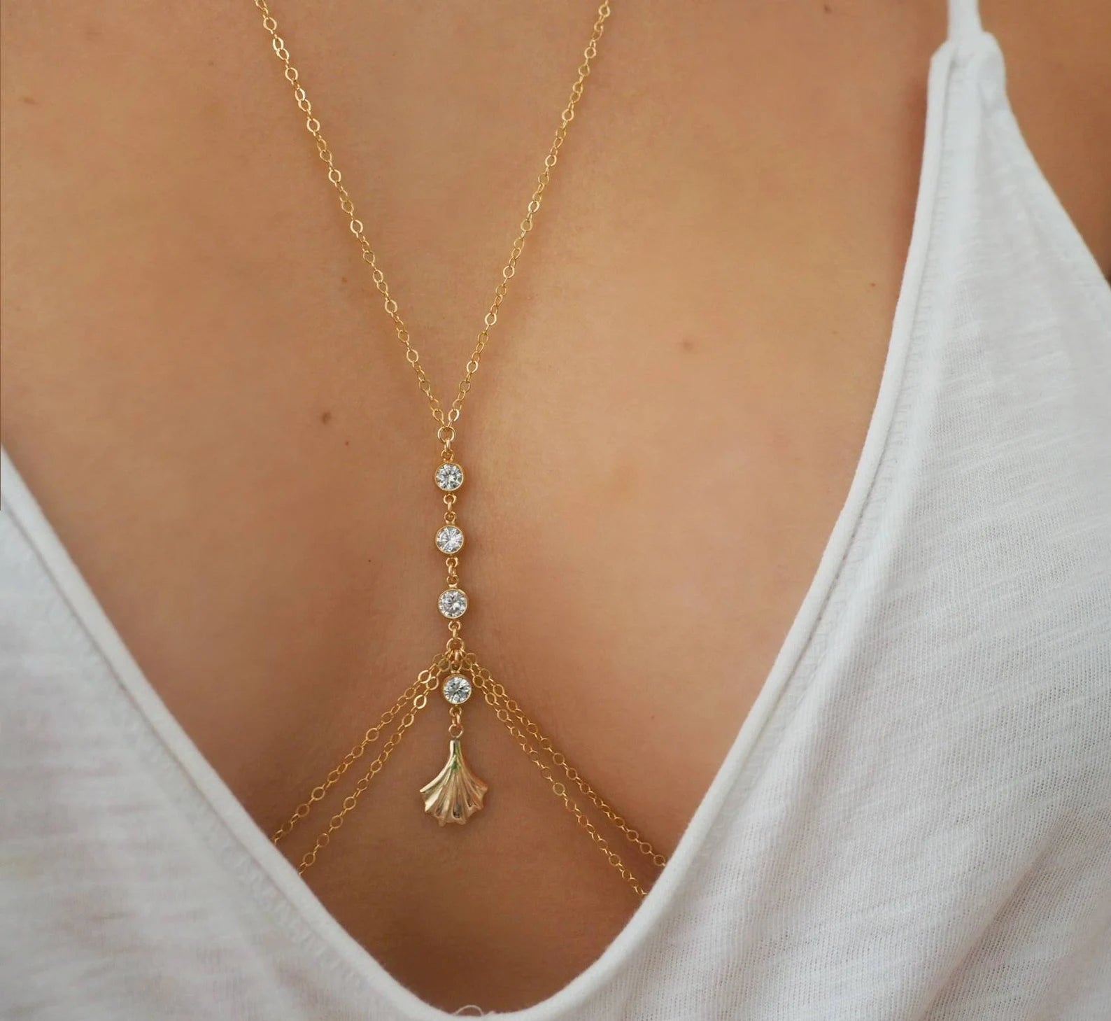 14k Gold Filled CZ Diamonds & Fan Double Layer Dainty Body Chain