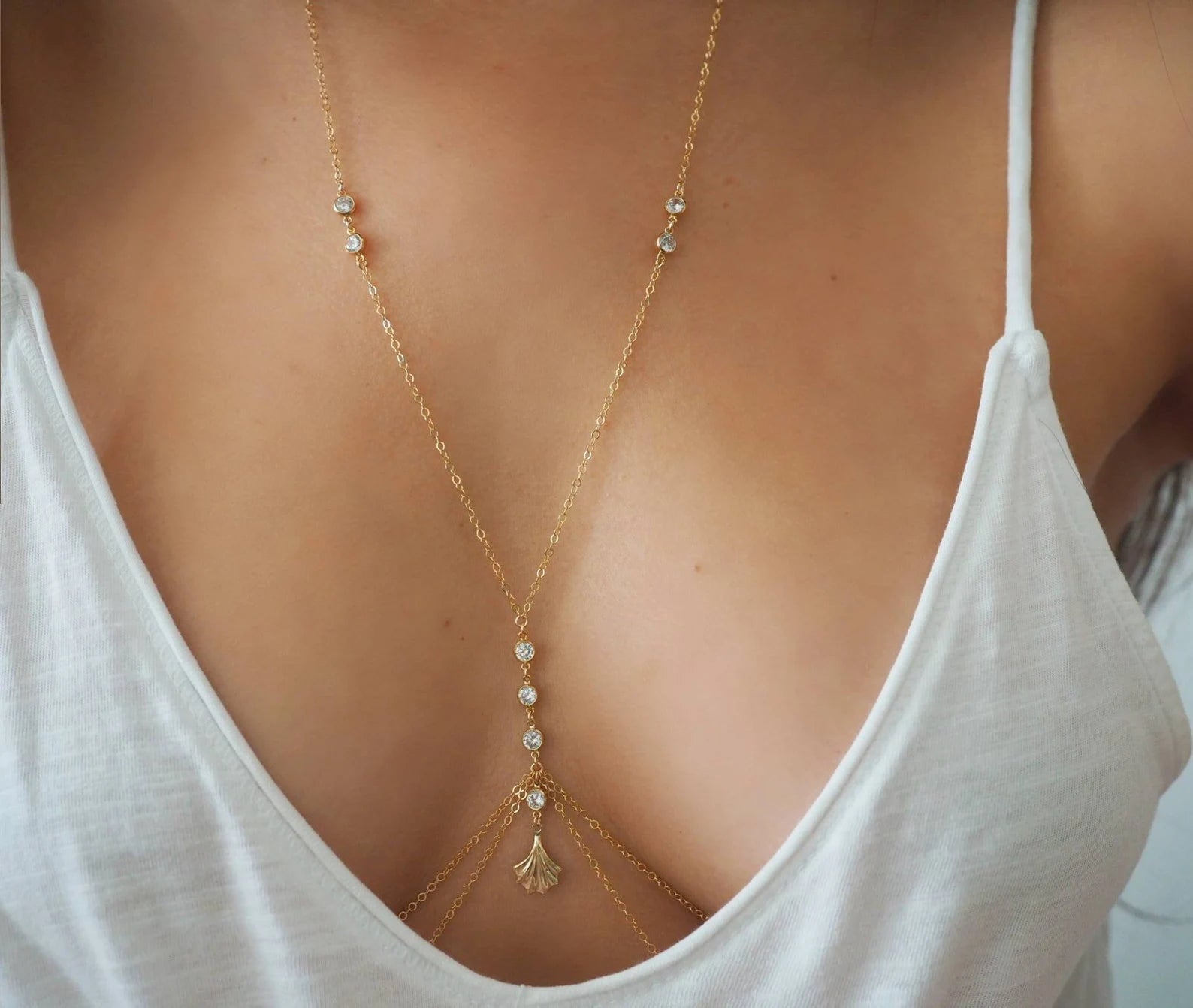 14k Gold Filled CZ Diamonds & Fan Double Layer Dainty Body Chain