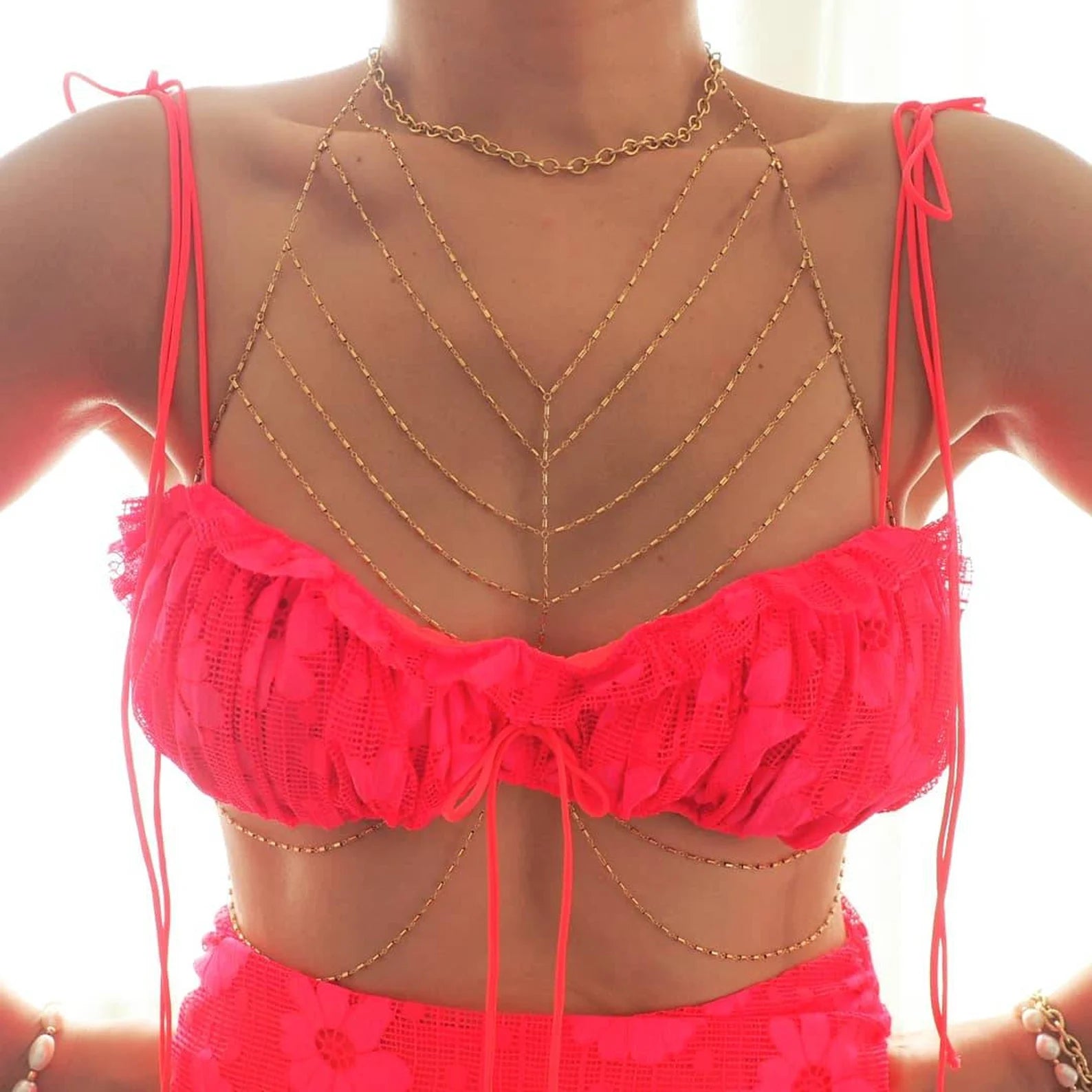 14k Gold Filled Bohemian Tribe Multiple V Dainty Chain Bralette Halter Top Body Chain