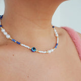 Freshwater Pearl Evil Eye Blue Beaded Necklace