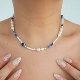 Freshwater Pearl Evil Eye Blue Beaded Necklace