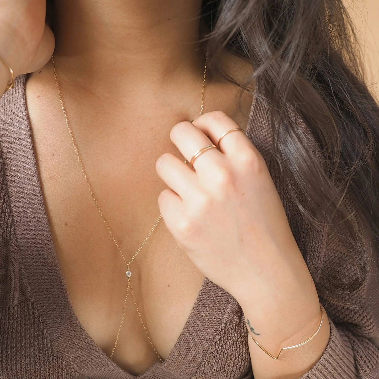 14k Gold Filled Dainty Body Chain with Tiny Swarovski Crystal